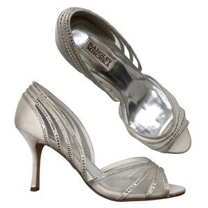 Badgley Mischka Glynn in Silver Gray Satin, Mesh & Rhinestone Formal Pumps 9
